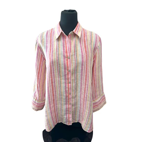 CHICO’S 100% Linen Pink Multicolor Striped Button Down Shirt | Size 3 (US 16) - Picture 2 of 7
